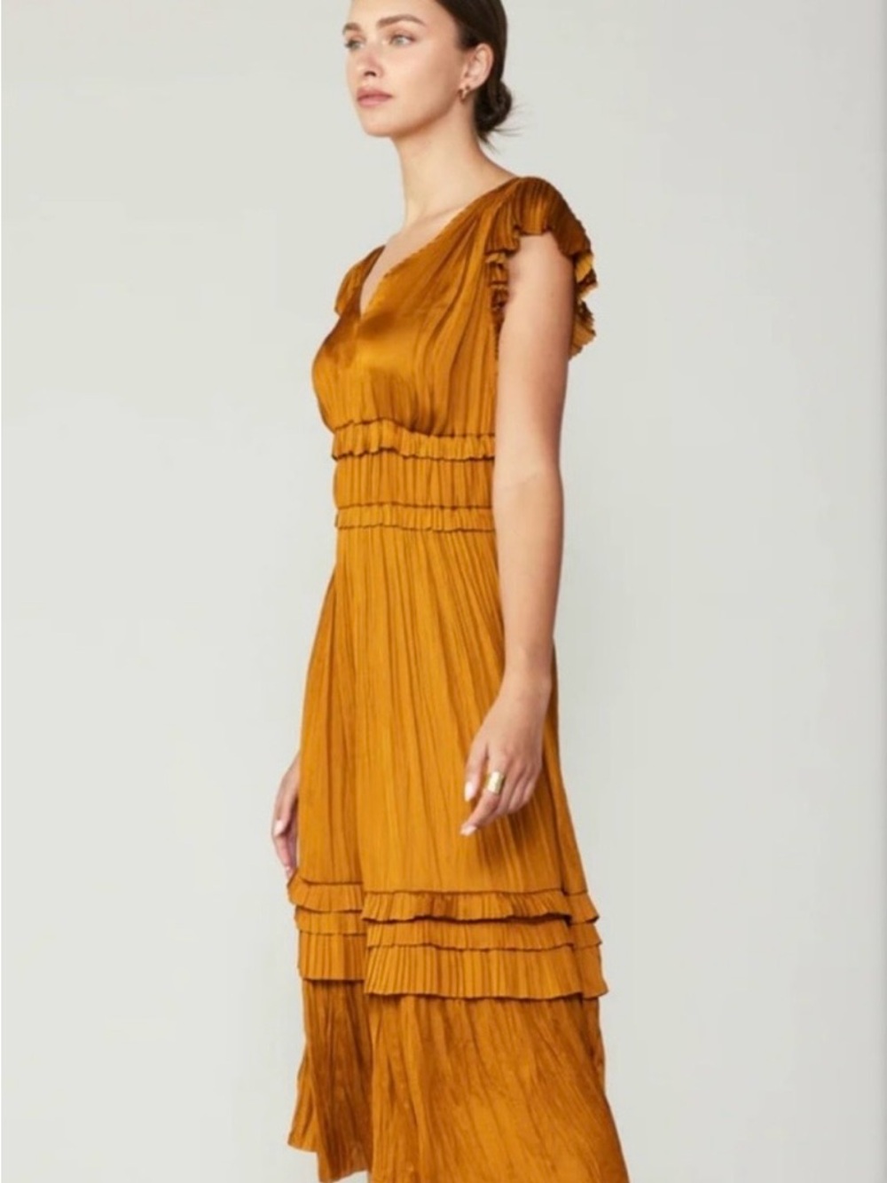 Roan + Ryan Women’s Pleated Ruffle Midi Dress in Golden Yellow - Small, New